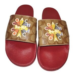 Coach C7675 Coach Udele Sport Slides Red Rainbow Floral Monogram Canvas Mens 10B